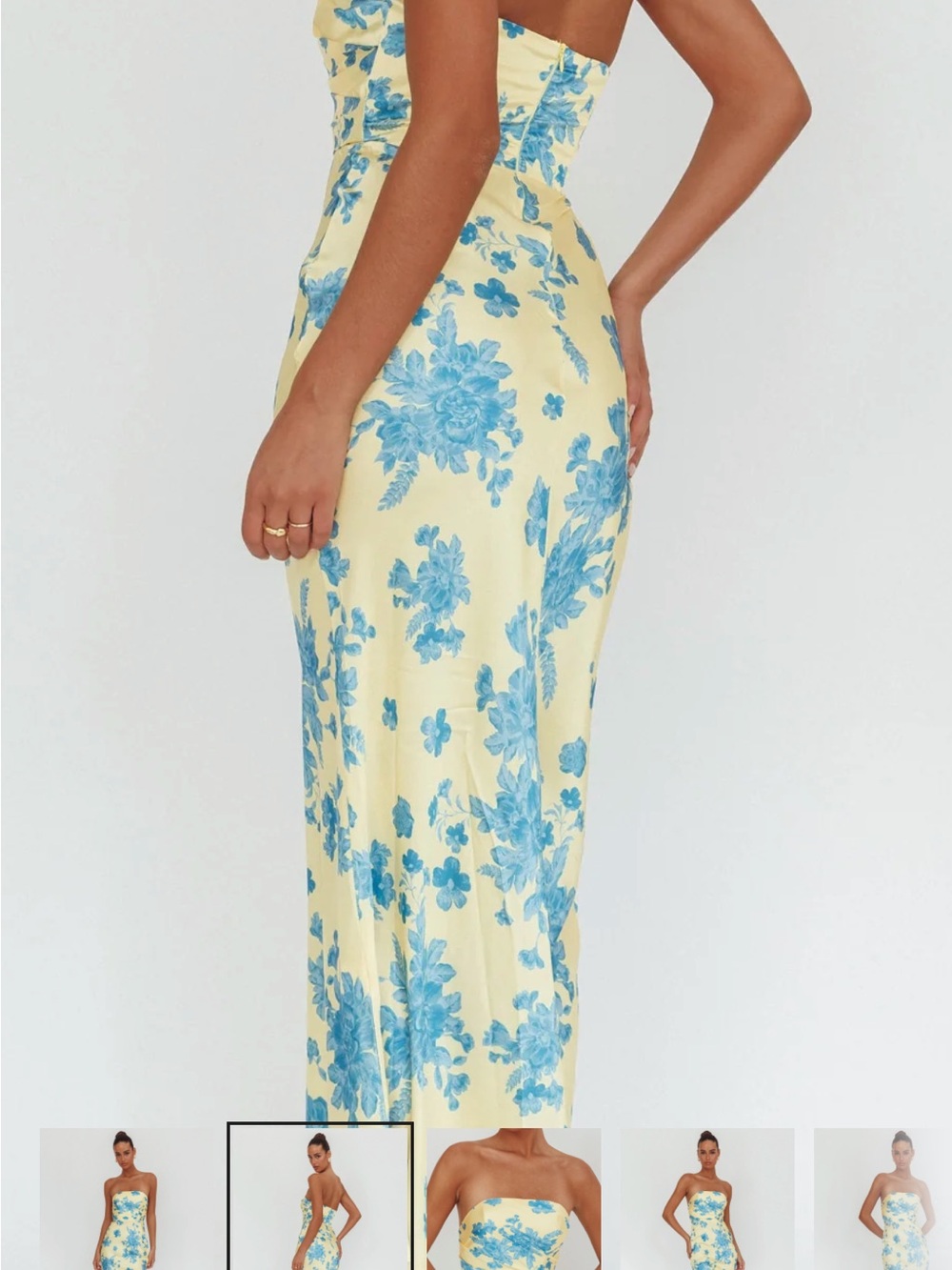 Selfie Leslie Yellow Strapless Maxi Dress with Blue Floral Print